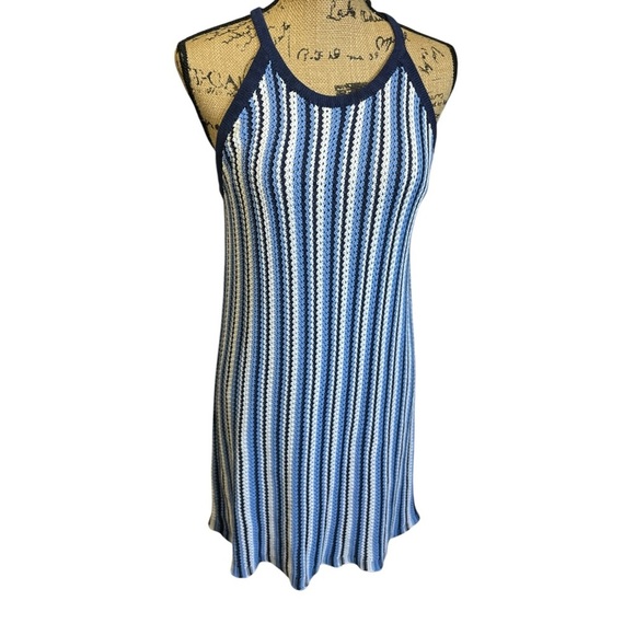 C & C California Blue White Crochet Halter Style Swim Cover Up Mini Dress Beach - Picture 1 of 9